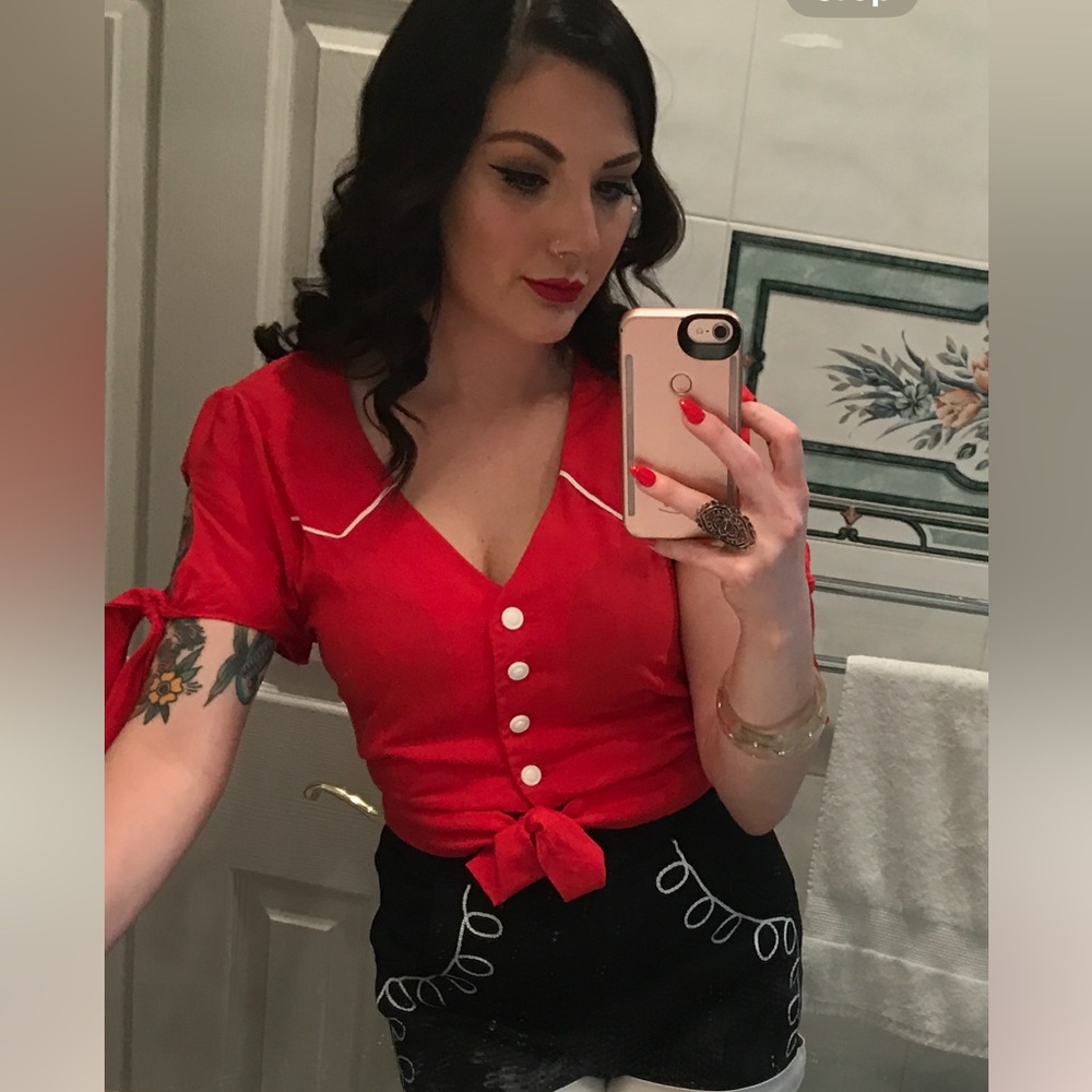 Bettie Page Red Blouse with White Accents